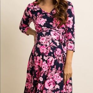EUC PinkBlush Maternity Wrap Dress Navy Neon Pink